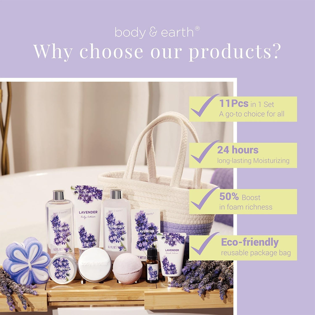 Spa Gift Baskets for Women - Body & Earth 11Pcs Lavender Gift Sets with Bubble Bath, Shower Gel, Body Lotion, Birthday Gifts for Women, Spa Kit for Mom Gifts, Purple Gifts