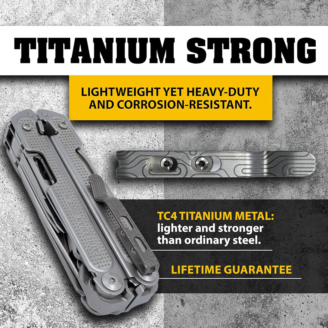 Donk! Titanium Pocket Clip. Made for Leatherman Free (P2, P4, T2 & T4) Curl & Bond. TC4 Titanium. Matte Finish. 2 Screws. 5 Custom Designs. Extra Carry Options - 'Norwegian Wood’