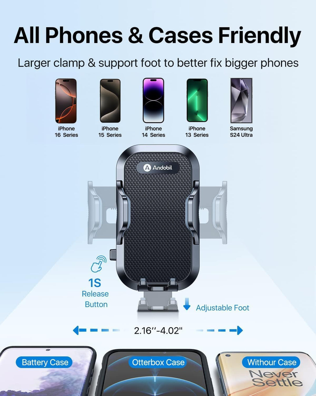 Andobil Car Phone Holder Mount (Strong Suction&Bumpy Road Stable) Phone Holders for Your Car, Cell Phone Car Mount for Windshield Dash Vent Truck Cradle Stand for Iphone 16 15 Pro Max 14 13 12 Samsung