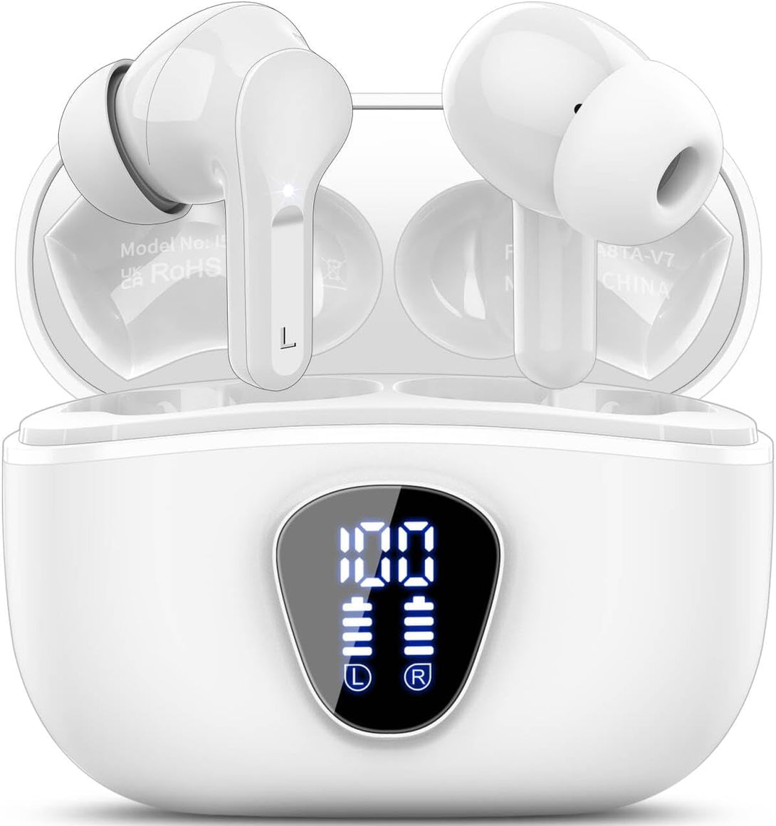 Wireless Earbuds, Bluetooth 5.4 Headphones Hifi Stereo, Bluetooth Earbuds with ENC Noise Cancelling Mic, IP7 Waterproof in Ear Earphones, 48H, LED Display Ear Buds for Pad Phone Workout Sports, White