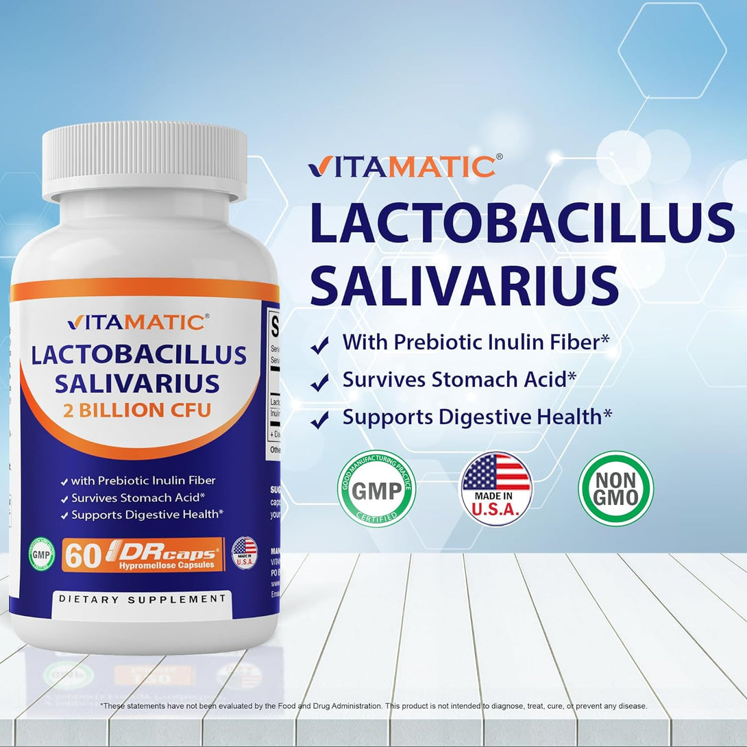 Vitamatic Lactobacillus Salivarius 2 Billion per DR Capsule - 60 Count - Digestive Support - Made with Prebiotic Inulin Fiber (1 Bottle)