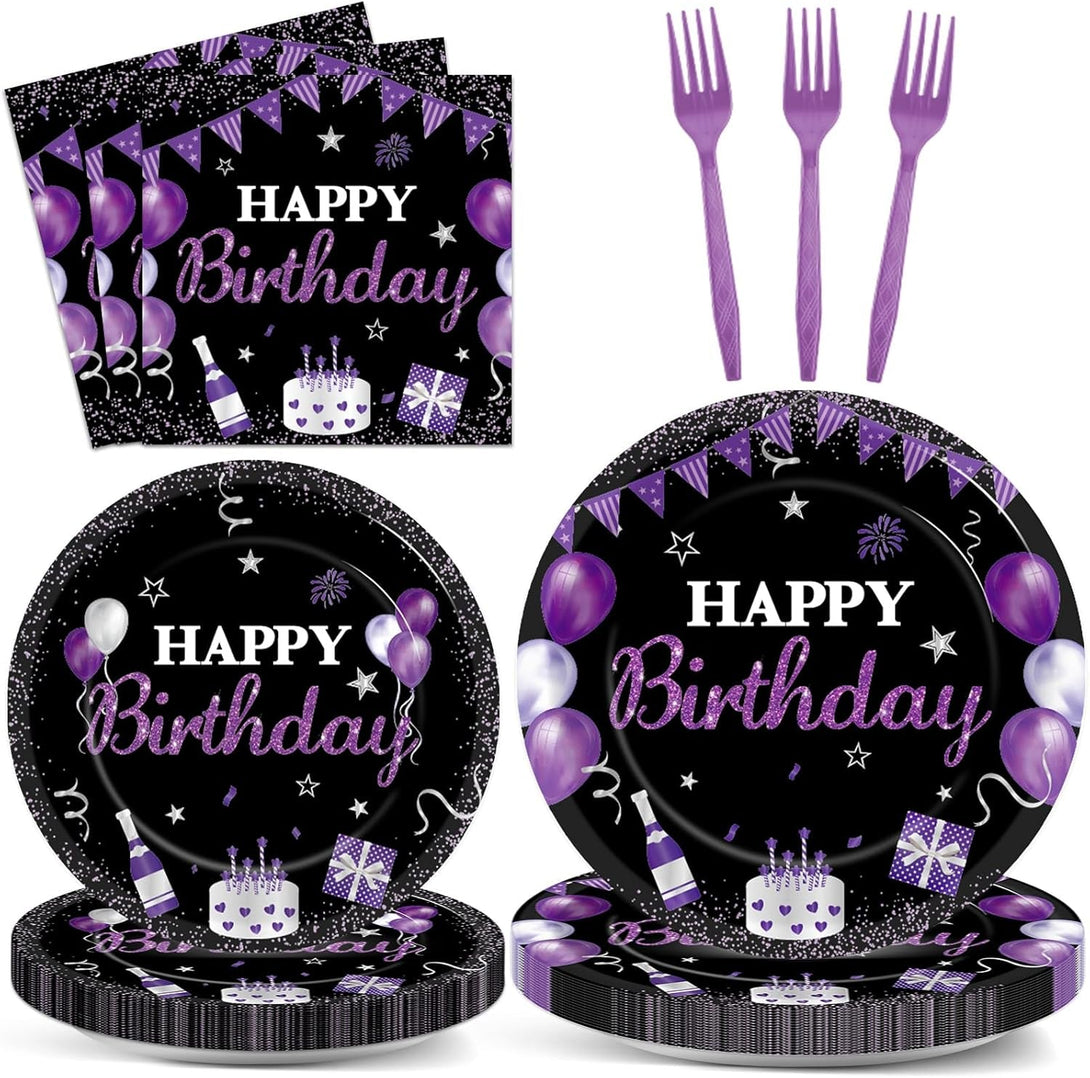 96Pcs Purple & Black Party Supplies - Paper Plates, Napkins, Dinnerware Set for Women, Men, Baby Showers & Birthdays - Serves 24