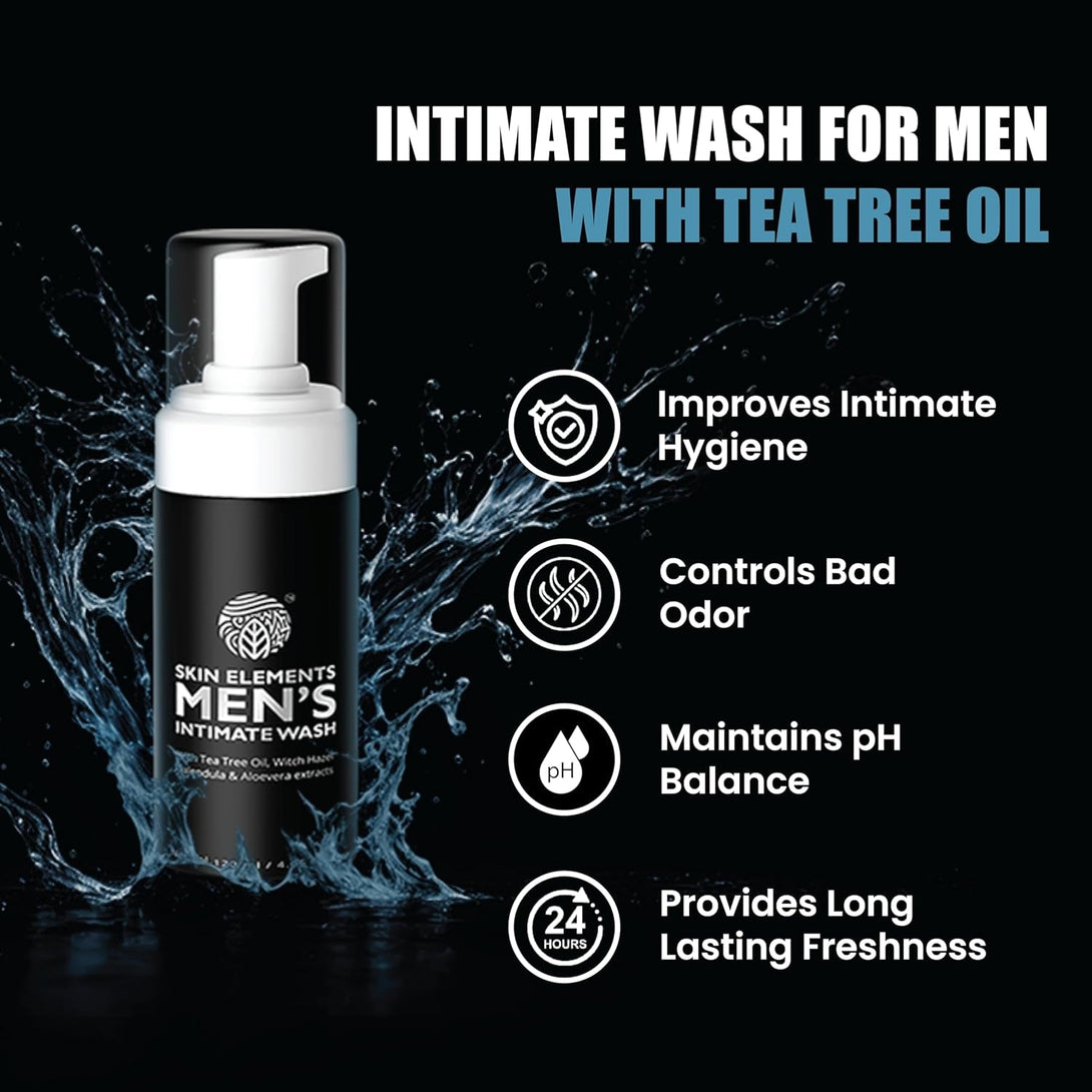 Skin Elements Intimate Wash for Men | Ph Balanced Foaming Wash with Tea Tree Oil & Aloe Vera | Soothes, Refreshes & Maintains Hygiene | 4.05 Fl. Oz. |