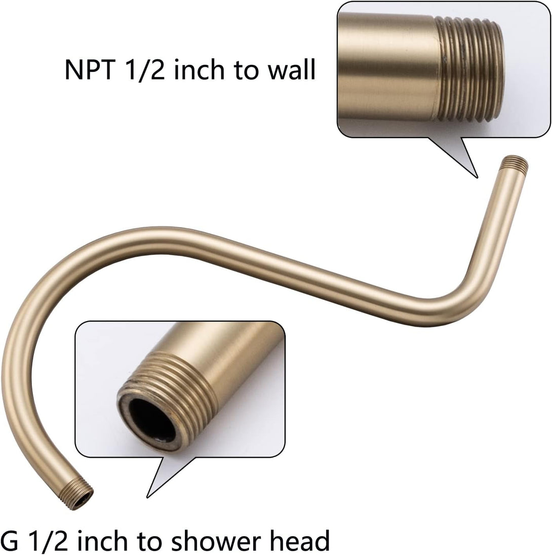 13 Inch High Rise S Shape Shower Extension Arm with Flange,Brushed Gold Shower Head Extender Arm Wall Mounted,Standard 1/2" Connection-Bathroom Accessory,Sw-91098-13Bg.