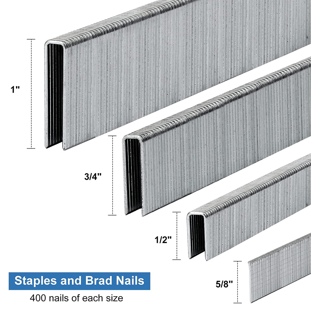 18 Gauge 1600-Count, 1/4 Inch Narrow Crown Staples (1/2"+3/4"+1") and Brad Nails (5/8"), 400 per Size, Galvanized