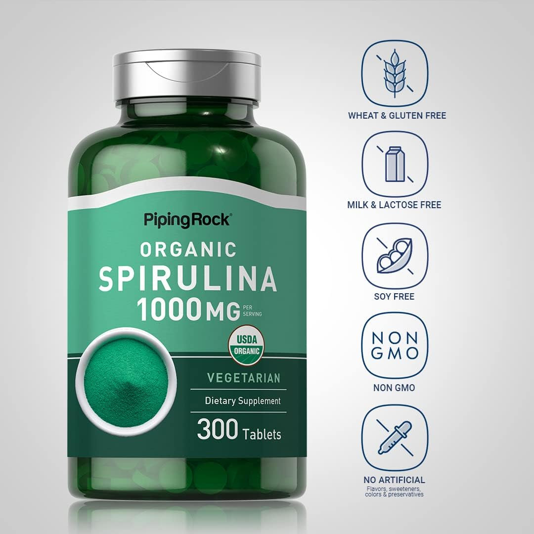 Piping Rock Organic Spirulina Tablets 1000 Mg | 300 Pills | Vegetarian, Non-Gmo, Gluten Free Supplement