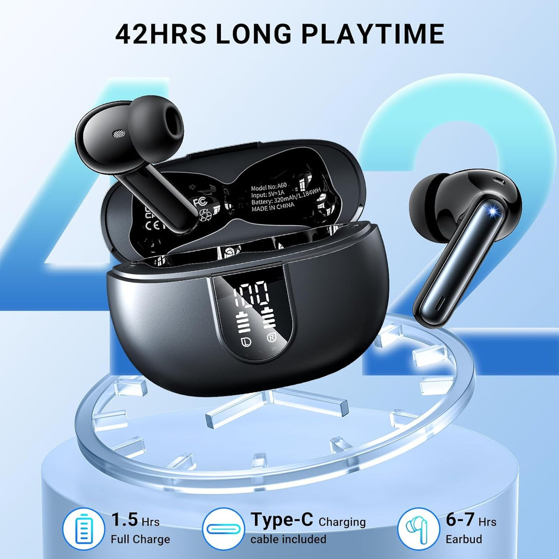 Wireless Earbuds Headphones Bluetooth 5.3 with 4 ENC Noise Cancelling Mics,Hi-Fi Stereo in Ear Ear Buds with LED Screen,42H Duration Playback,Ipx6 Waterproof Earphones for Ios Android Black