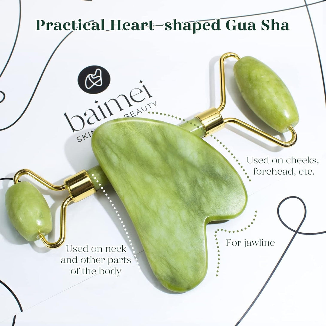 BAIMEI Icyme Gua Sha & Jade Roller Facial Tools Face Roller and Gua Sha Set for Puffiness and Redness Reducing Skin Care Routine, Self Care Gift for Men Women - Green