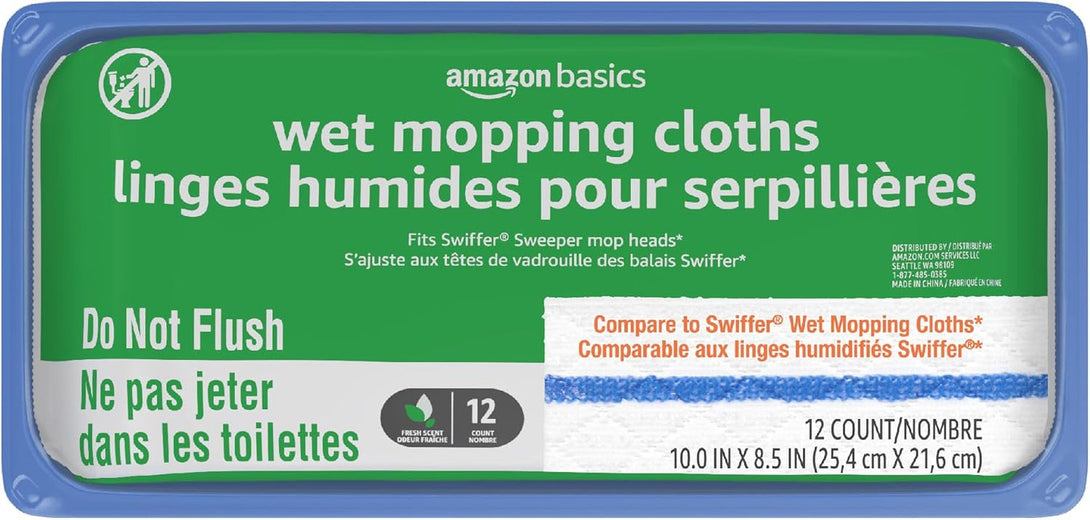 Amazon Basics Wet Mopping Cloth Refills, 12 Count (Fits Swiffer Sweeper Mop Heads)