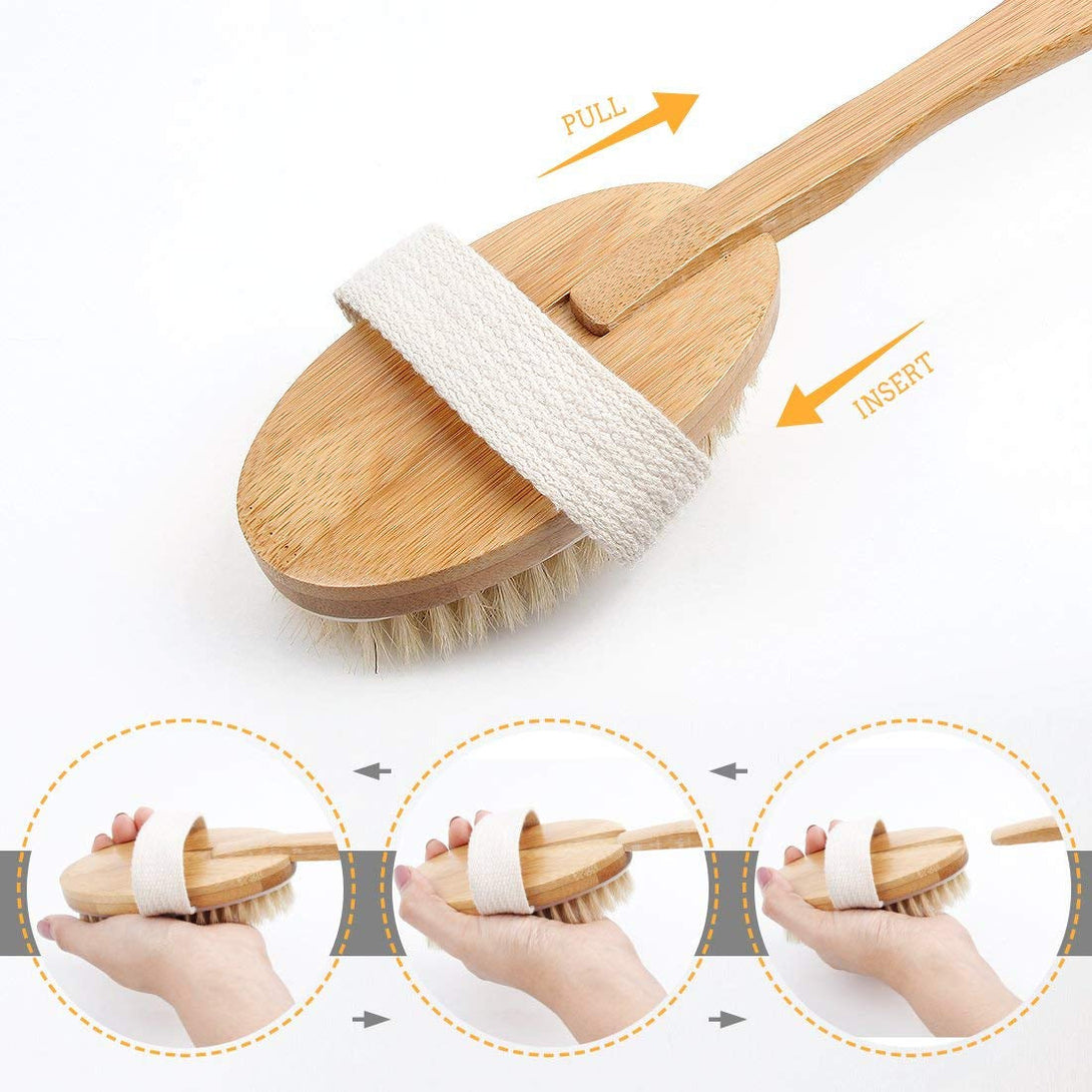 Shower Brush Bath & Dry Skin Body Brushing with Long Bamboo Detachable Hand & Soft Boar Bristle for Back Scrubber
