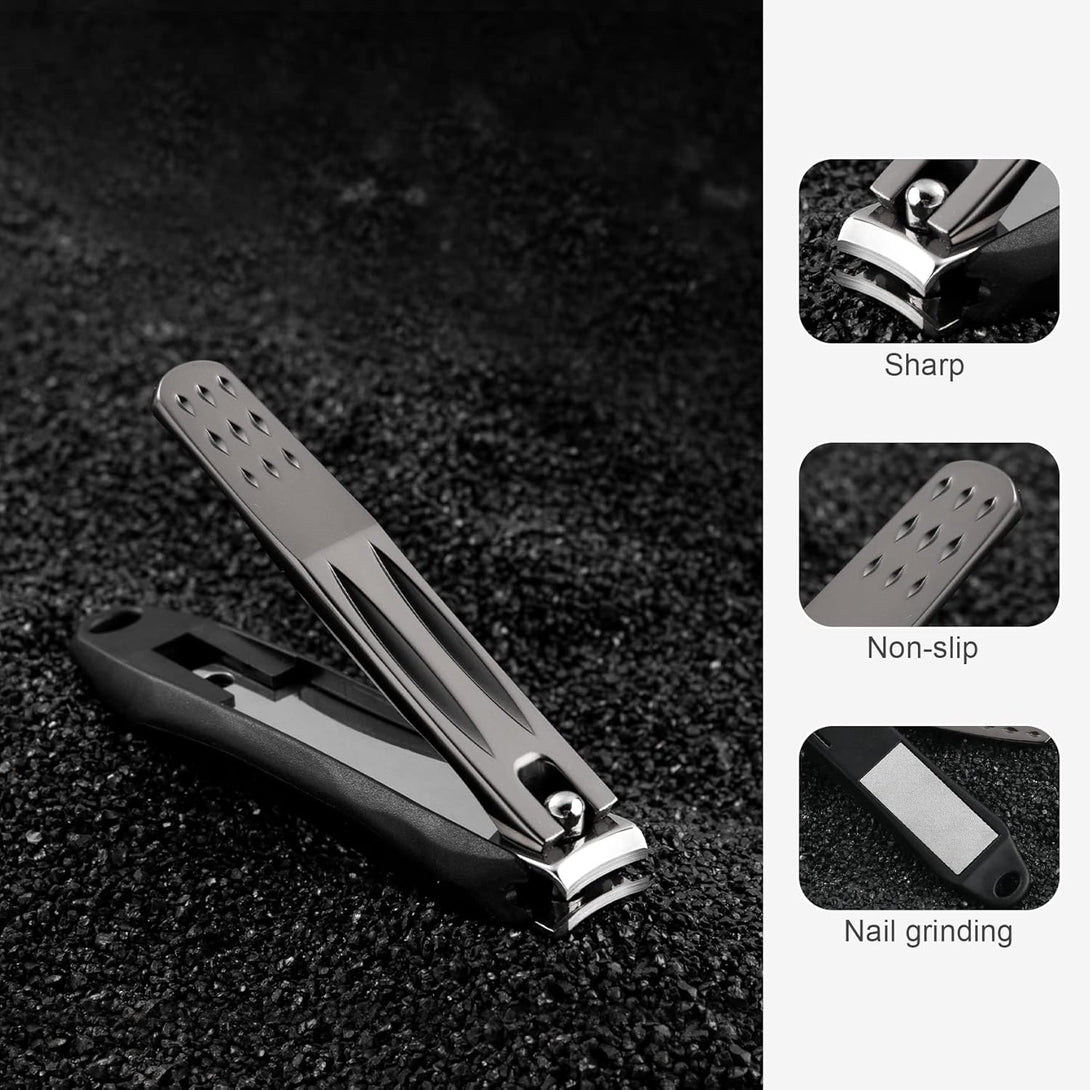 FERYES 3-In-1 Fingernail Clipper with No-Splash Nail Catcher and Metal Storage Box - Toenail Clipper with Nail File for Men & Women - Black