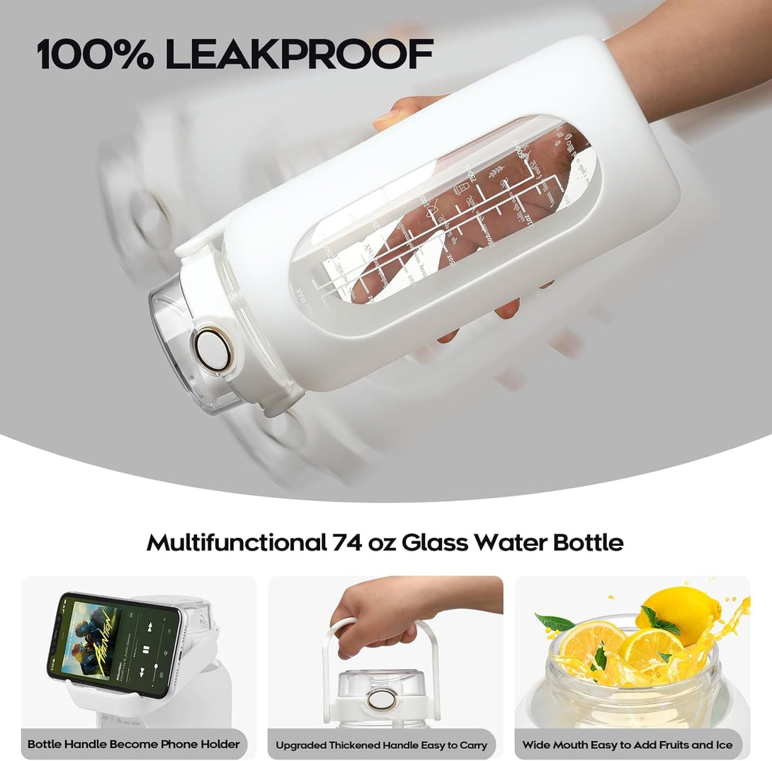 74 Oz Glass Water Bolttles with Straw Large Motivational Water Bottle with Time Marker Sports Water Bottles with Silicone Sleeve and Handle Lid 2.2L Water Jug for Gym Workout