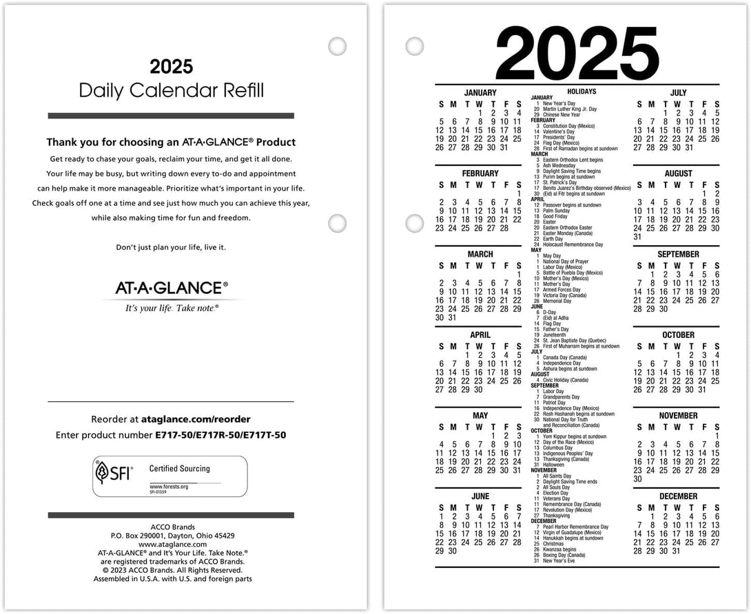 AT-A-GLANCE 2025 Desk Calendar Refill, Daily, 3-1/2" X 6", Standard, Loose-Leaf (E7175025)