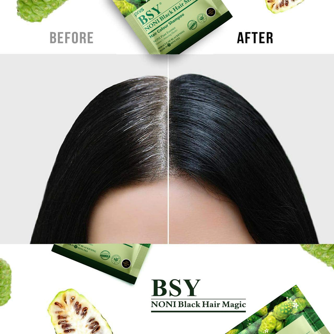 BSY Noni Black Hair Magic Hair Color Shampoo (12Ml X 6 Sachets) | Ammonia-Free Natural Permanent Hair Color for Men and Women | 5 Minutes Noni Fruit Dye