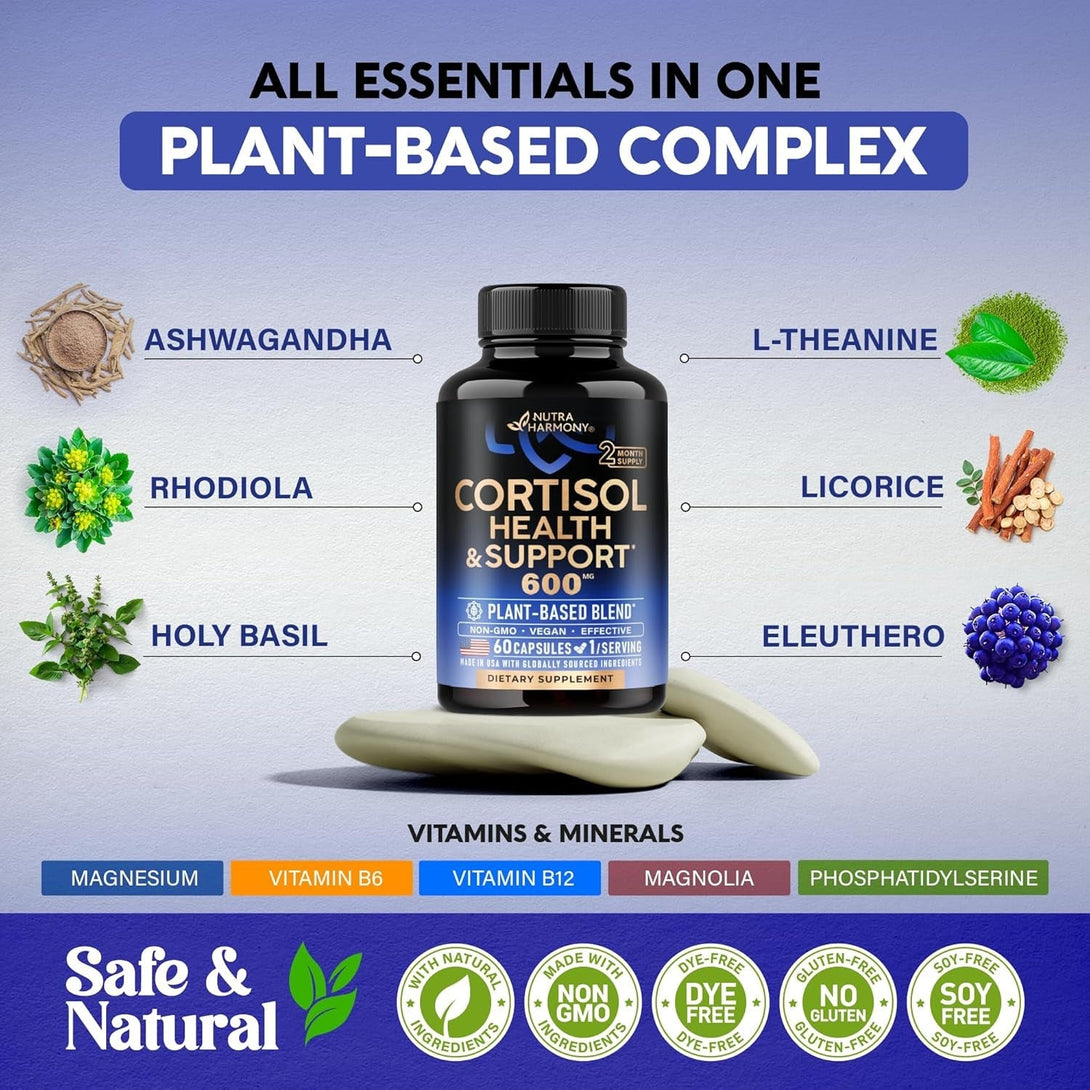 Cortisol Supplement for Women - Holy Basil | Ashwagandha | Rhodiola | L-Theanine - Plant-Based Hormone Balance - Mood, Focus & Sleep Support - Made in USA - Vegan, Non-Gmo - 60 Capsules for 2 Months