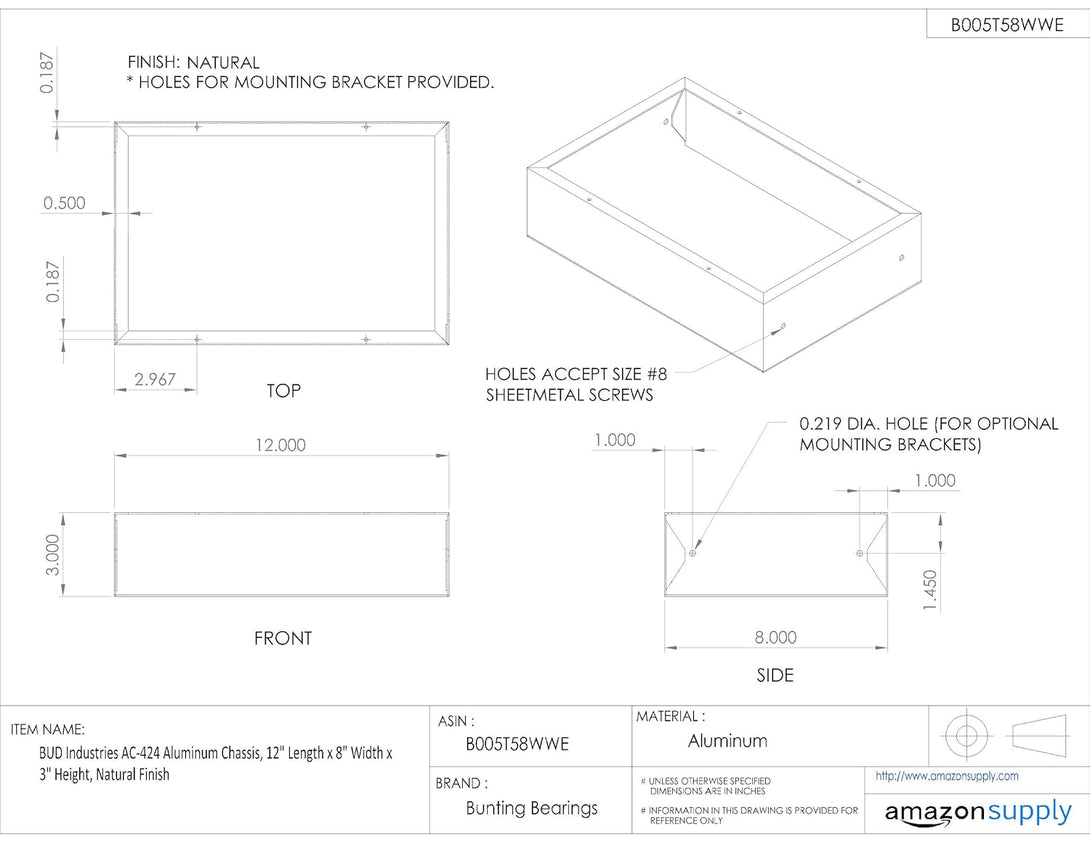 BUD Industries AC-424 Aluminum Chassis 12" L X 8" W X 3" D, Natural