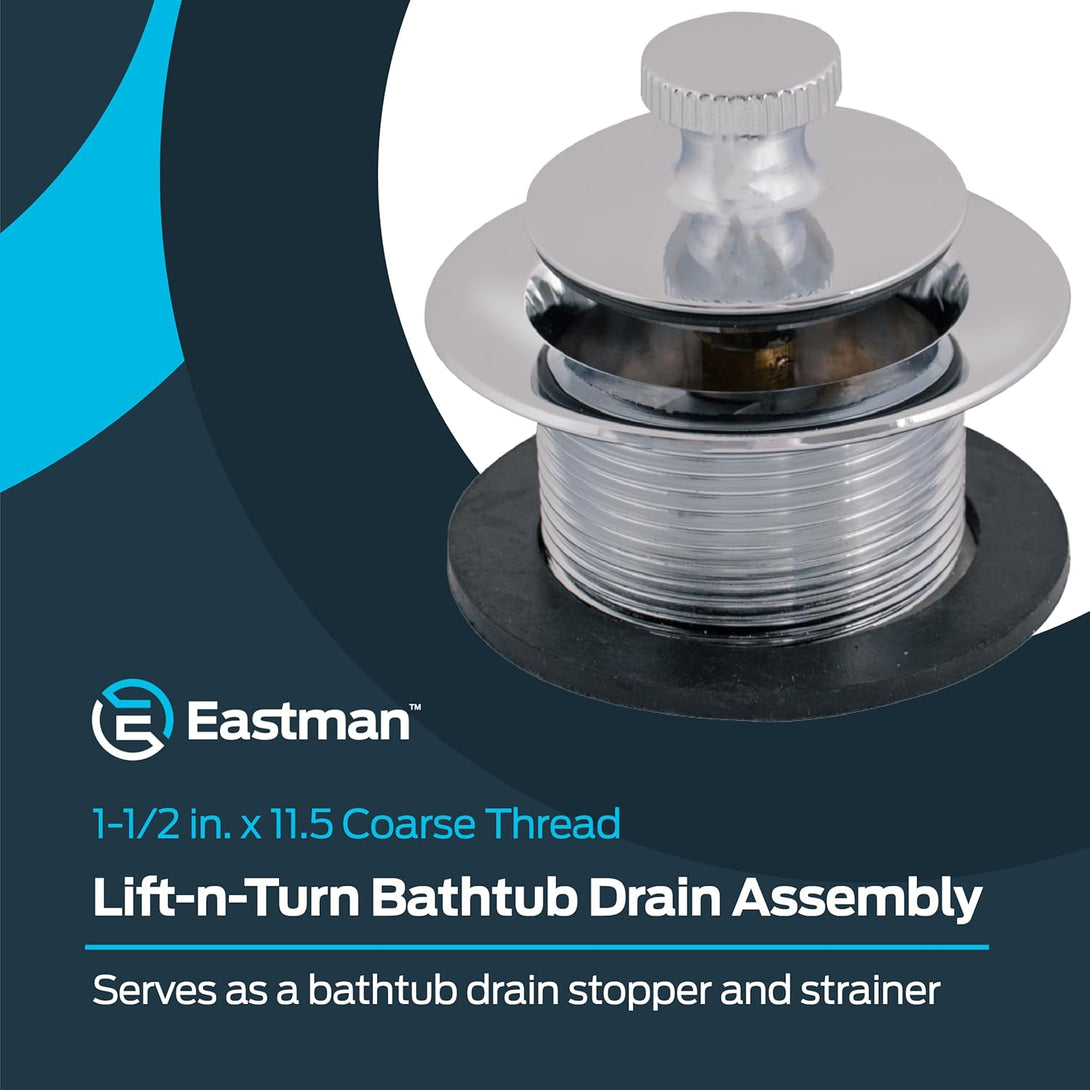 Eastman Lift-N-Turn Bathtub Drain Assembly Kit with Strainer and Stopper, 1-1/2 Inch X 11.5 Coarse Thread, Chrome Plated, 35233