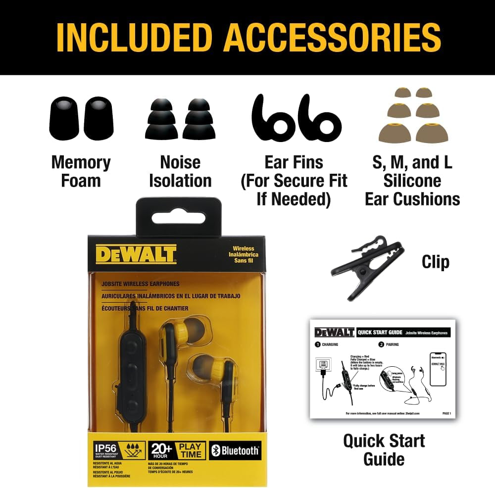 DEWALT Heavy Duty Neckband Bluetooth Earbuds, Wireless Bluetooth 5.2 Headphones W/Microphone, Lightweight Comfort, IP56 Waterproof, Deep Bass Strong Beat, 20H Playtime, Jobsite Behind-Neck Earphones