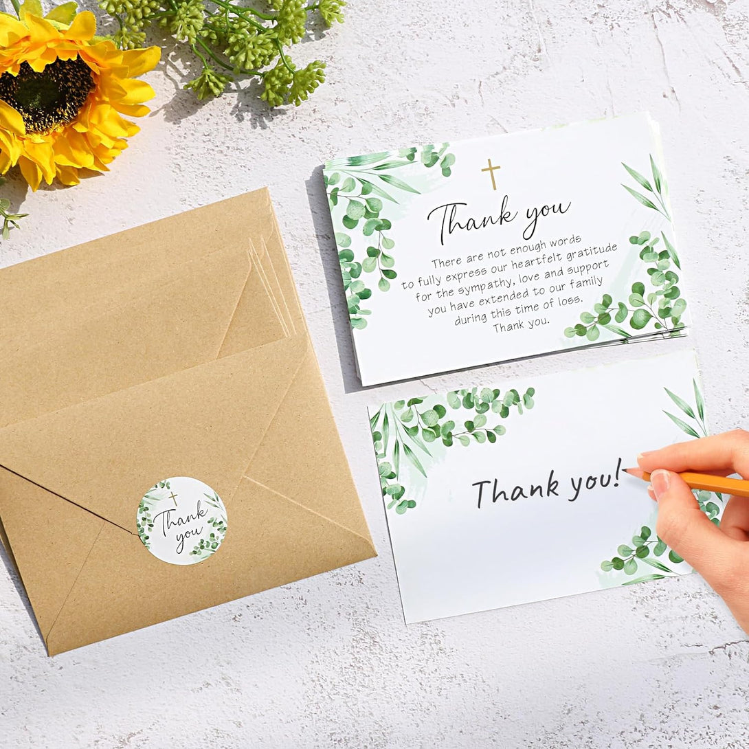 50Pcs Funeral Sympathy Thank You Cards with Envelopes and Matching Seal Stickers, Green Leaf Cross Bereavement Card with Message for Memorial Service Loved Ones Celebration of Life