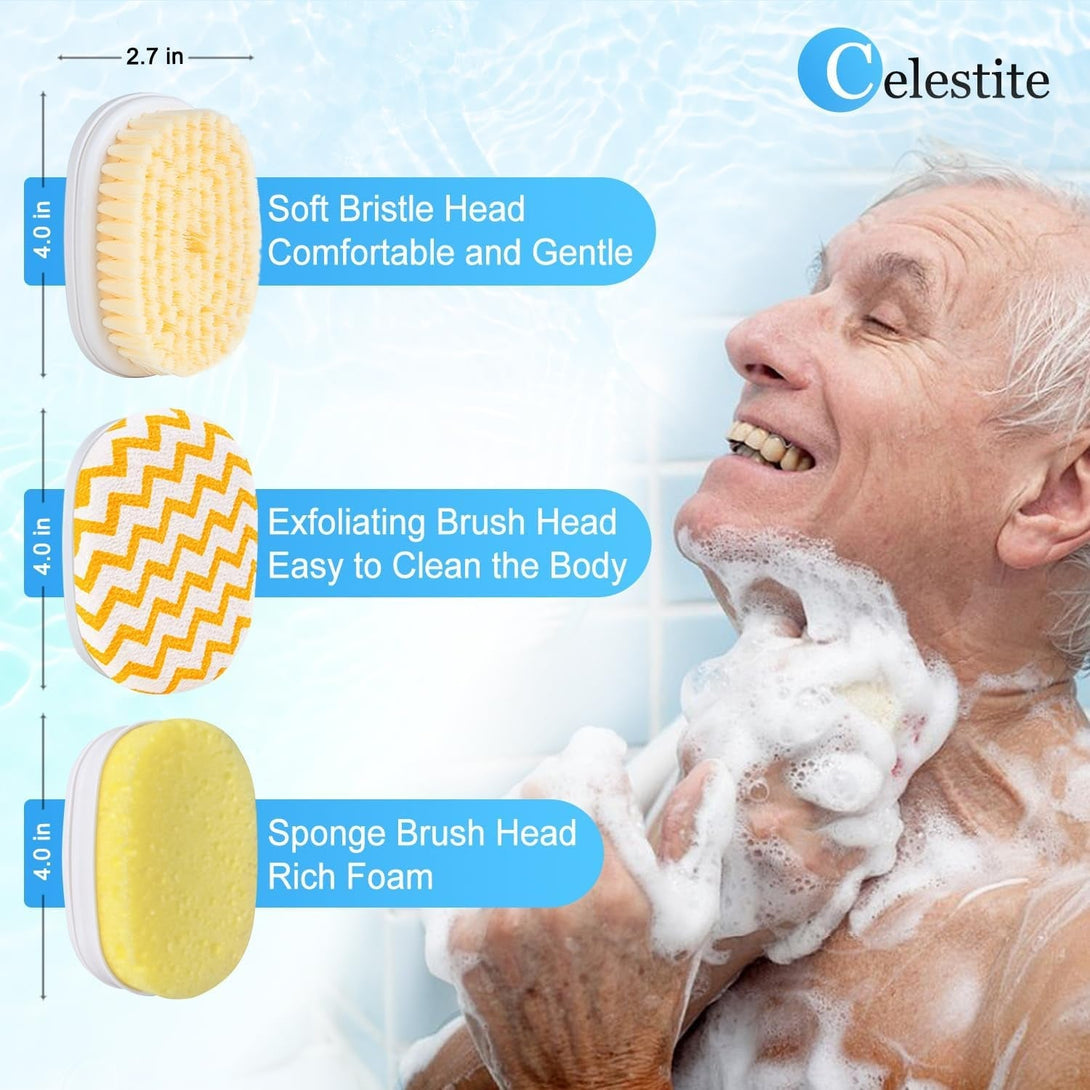 Celestite 20” Long Handle Shower Brush for Body, Back Scrubber for Shower with 3 Pcs Brush Heads, Exfoliation and Improved Skin Health Suitable for Women, Men, Elderly (White)