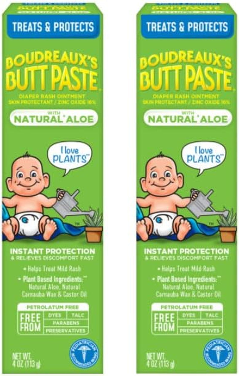 Boudreaux'S Butt Paste with Natural* Aloe Diaper Rash Cream, Ointment for Baby, 4 Oz Tube, 2 Pack