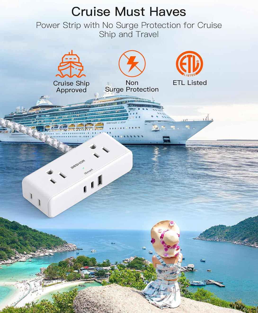 Flat Extension Cord 6 Feet, Flat Plug Power Strip, 4 Widely Outlets with 3 USB Ports (2 USB C), 3 Side Outlet Extender with Extension Cord with Multiple Outlets for Home, Office, Dorm Room Essentials