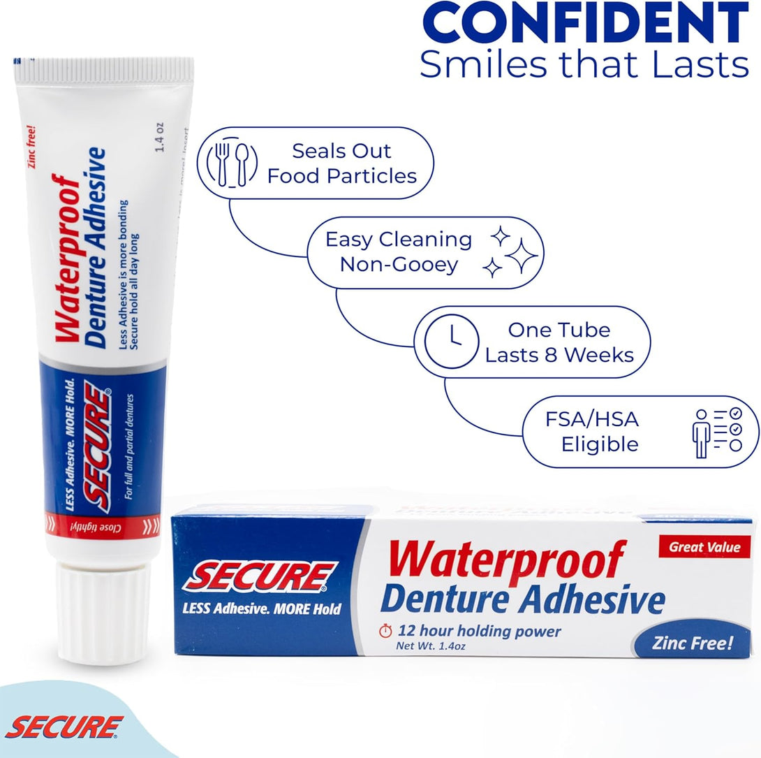 Secure Waterproof Denture Adhesive - Zinc Free - Extra Strong Hold for Upper, Lower or Partials - 1.4 Oz