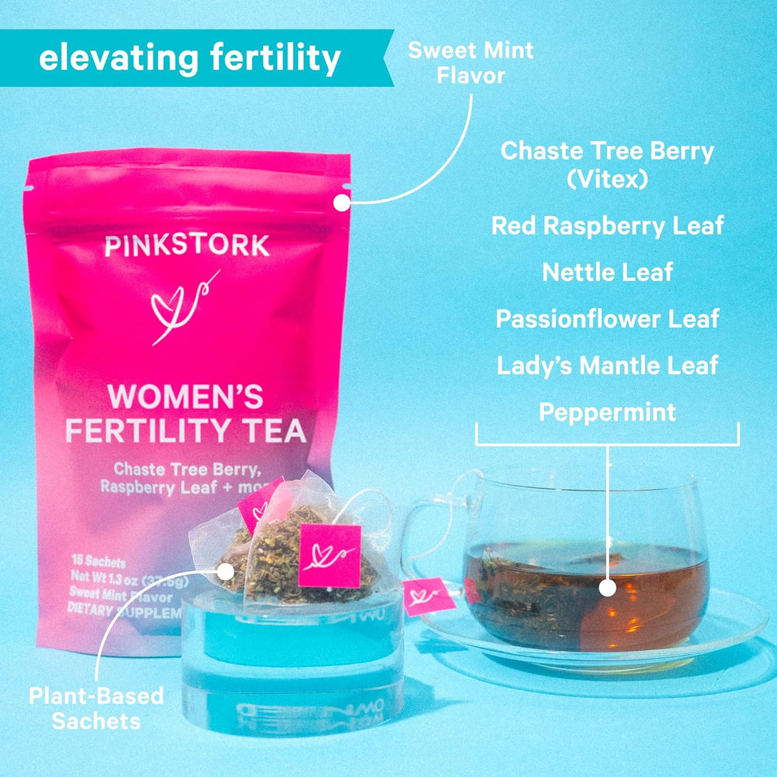 Pink Stork Organic Fertility Tea - Supports Conception for Her & Hormone Balance with Chaste Tree Berry (Vitex), Mint, and Red Raspberry Leaf - Hot or Iced - Caffeine Free - Sweet Mint, 15 Sachets