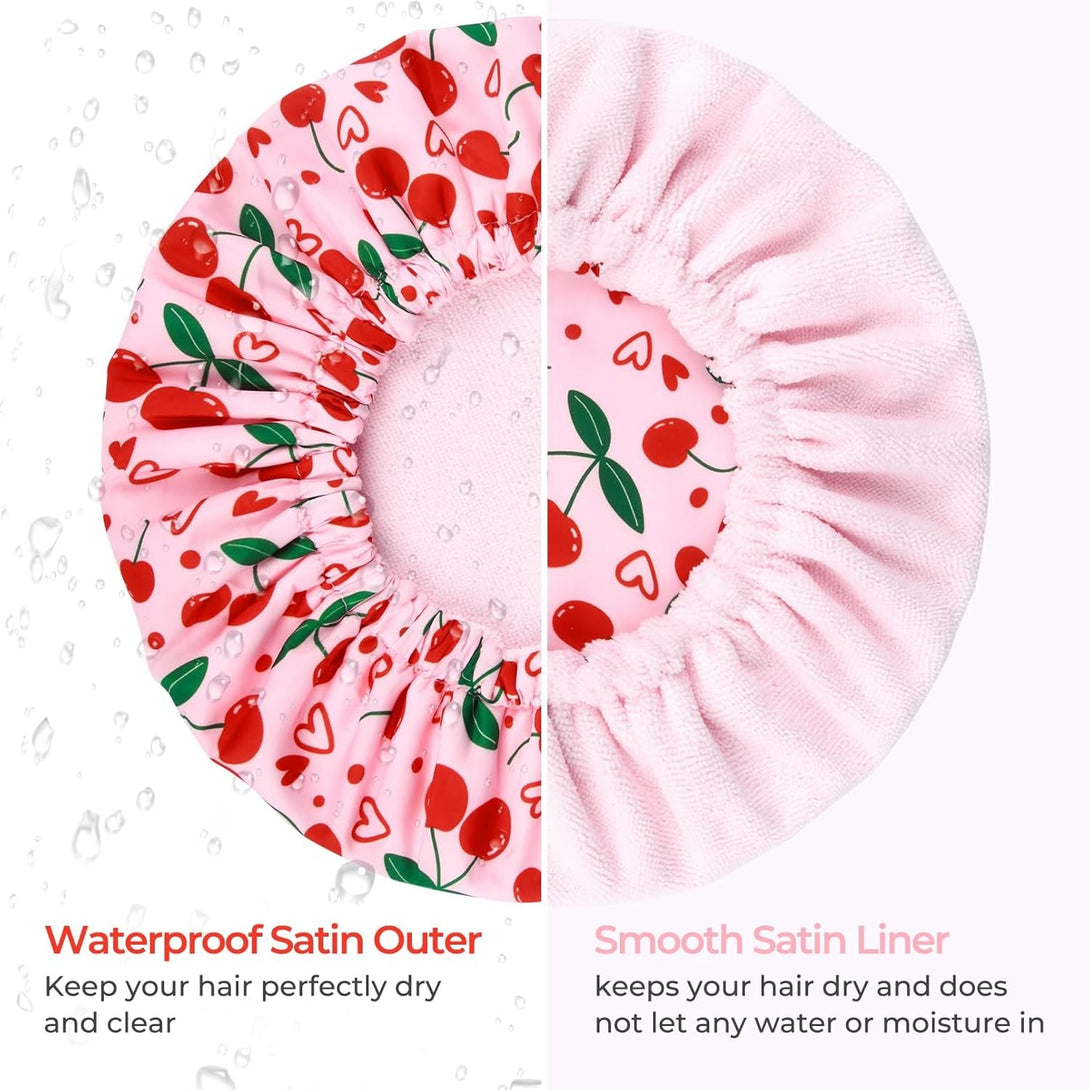 Shower Cap for Women Terry Lined Bath Cap Large Reusable Waterproof Elastic Band Pink Cherry Shower Caps for Long Thick Hair Soft Bath Shower Hair Caps