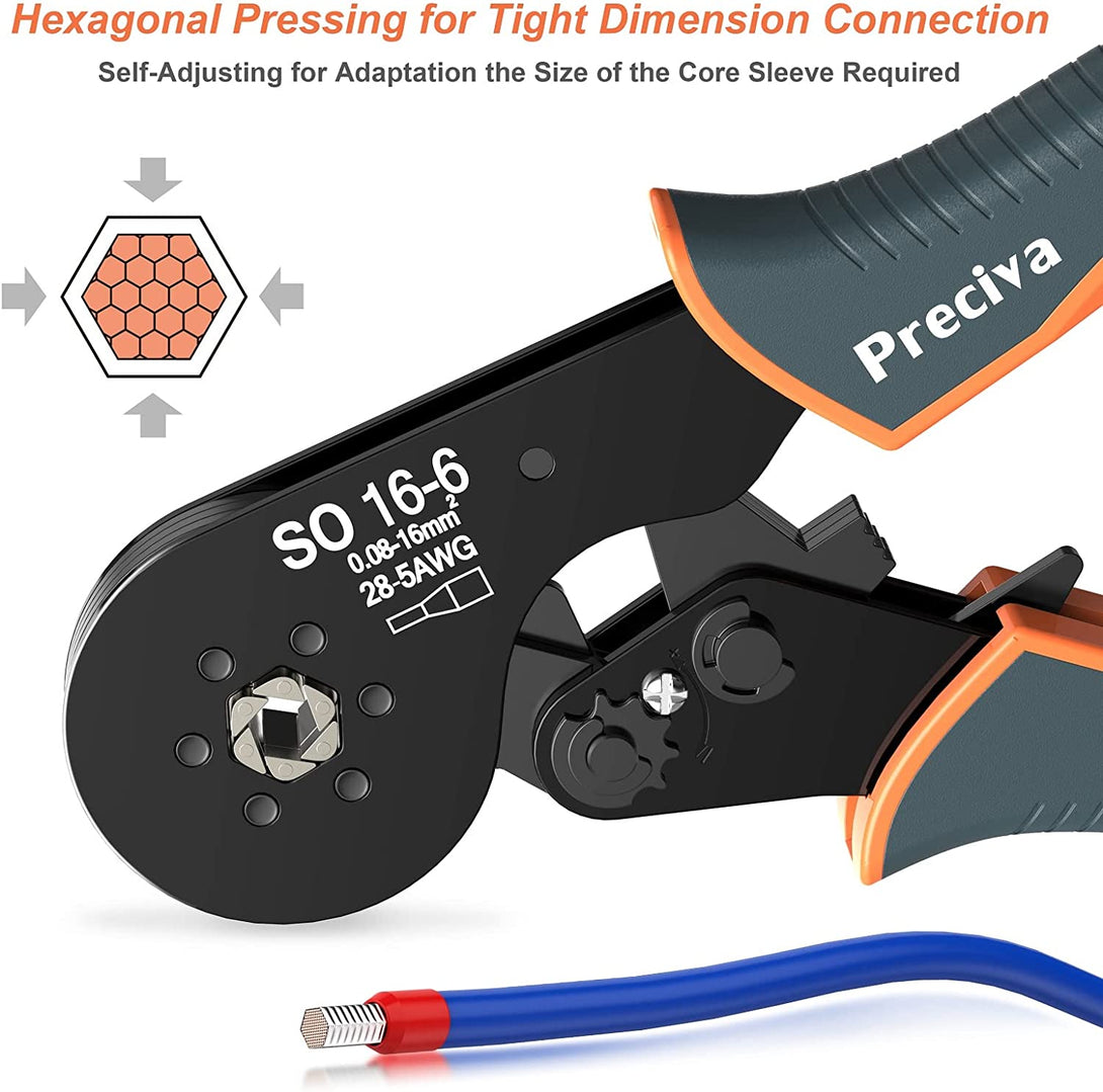 Hexagonal Ferrule Crimper, Preciva 16-6 Hexagonal Jaw Wire Crimping Pliers AWG 28-5 (0.08-16Mm²) Self-Adjustable Ratchat Wire Crimping Tools for Wire Terminals Cables End-Sleeves