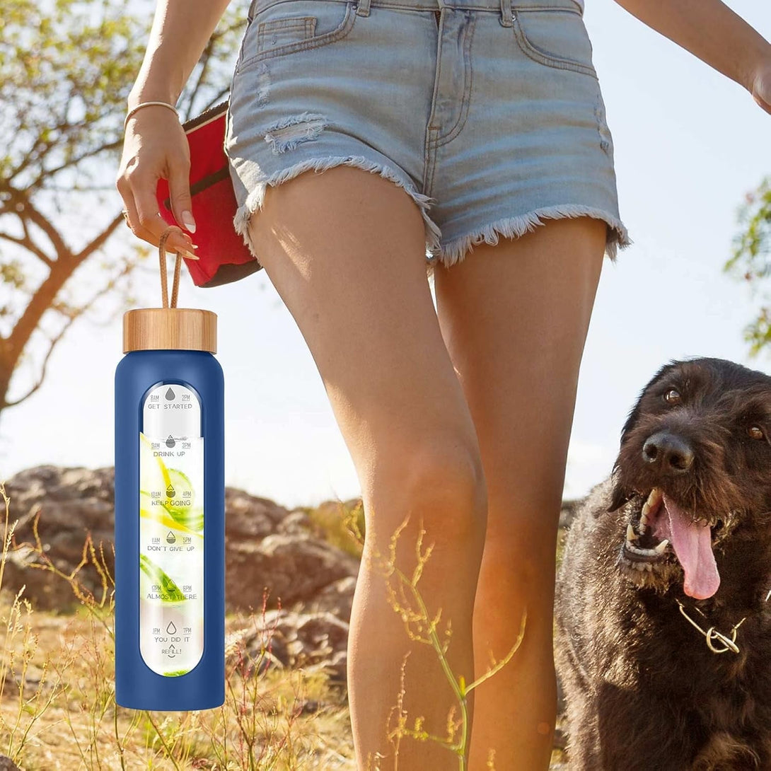 Aqulea Glass Water Bottles 32 Oz with Silicone Sleeve - BPA Free Reusable Wide Mouth Glass Motivational Water Bottles with Fruit Infuser – Leak Proof Borosilicate Water Bottle with Time Marker (Blue)