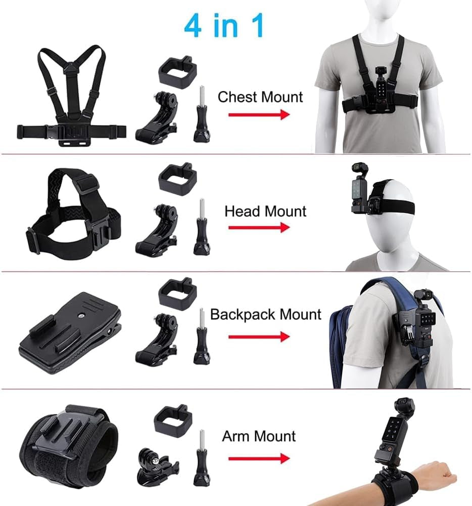 Pellking Accessories Kit for DJI Osmo Pocket 3,New Quick Release Head Strap Mount + Chest Mount Harness + Backpack Clip Holder + 360°Rotating Wrist Strap