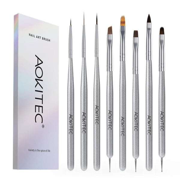 Aokitec Nail Art Brushes - 8PCS Nail Design Brush Set for DIY Mani Nail Painting Tools for UV Nail Gels Builder Nail Gel Polish Nail Art Liner Brush Dotting Pen for Home Manicure Salon Use Gift Set