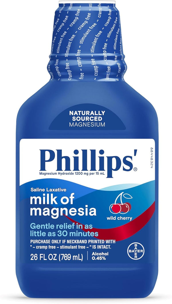 Phillips’ Milk of Magnesia Liquid Laxative, Wild Cherry Flavor, Stimulant Free, Cramp Free Relief of Occasional Constipation*, Effective in 30 Minutes - 6 Hours, #1 Milk of Magnesia Brand, 26 Oz