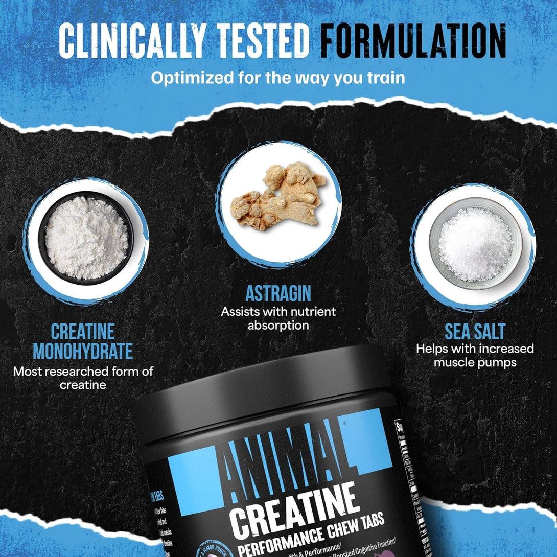 Animal Creatine Chews Tablets - Enhanced Creatine Monohydrate with Astragin to Improve Absorption, Sea Salt for Added Pumps, Delicious and Convenient Chewable Tablets - Grape