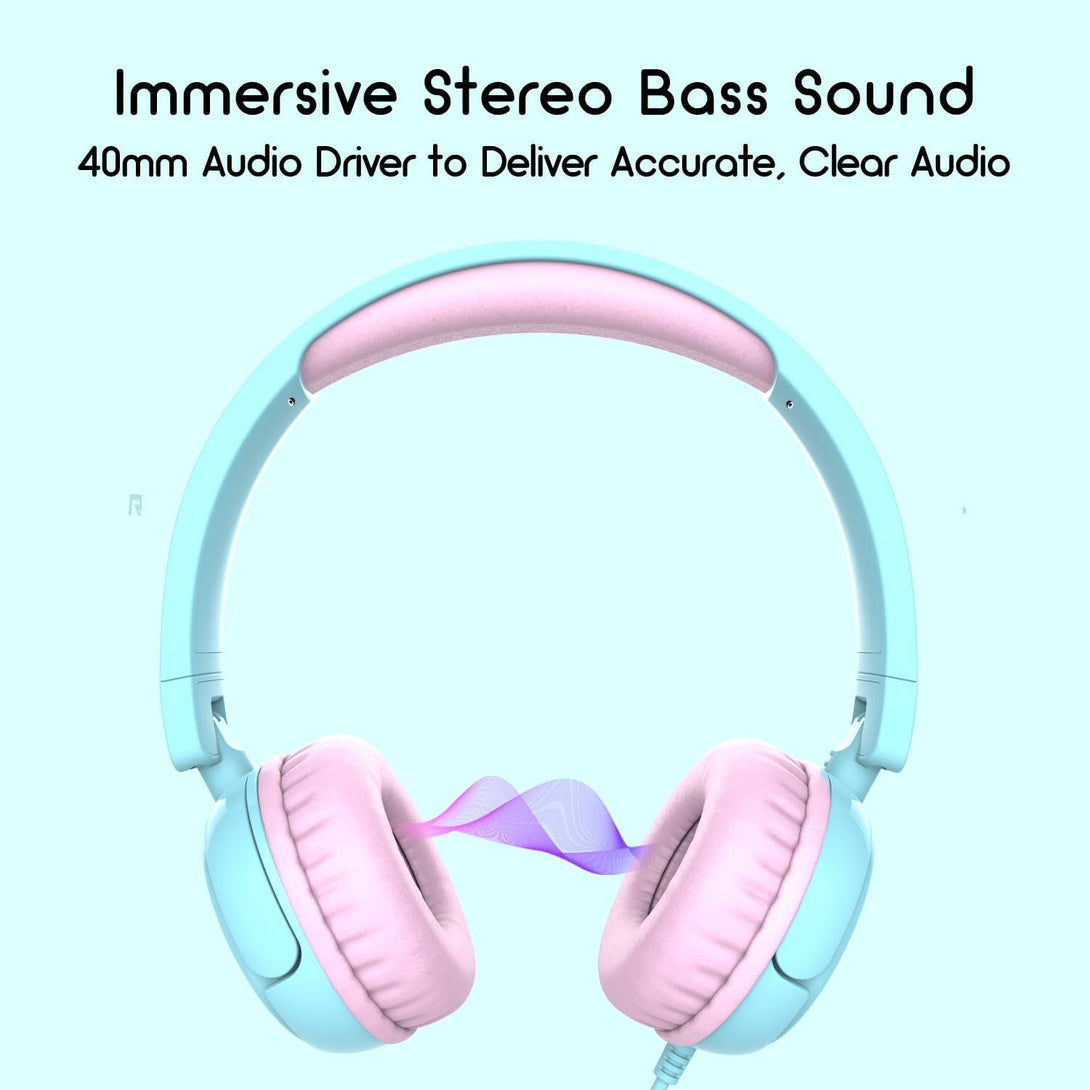 V1 Kids Headphones, Wired Stereo Foldable Tangle-Free 3.5Mm Adjustable On-Ear Headphones for Kids for School/Toddlers/Childrens/Teens/Boys/Girls/Ipad/Tablet/Kindle/Phones/Travel/Plane (Cyan)