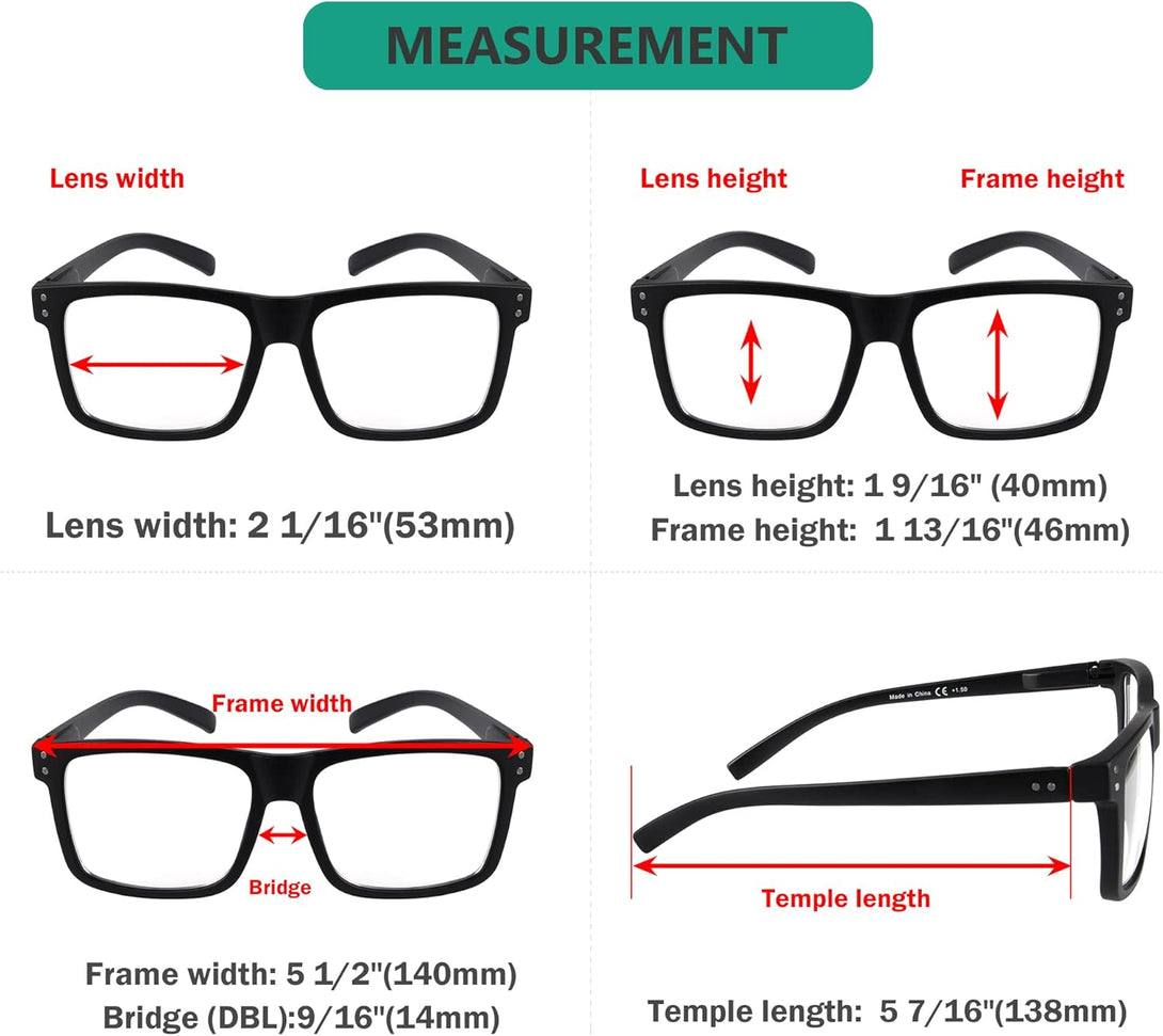 Eyekepper 5-Pack Oversized Reading Glasses Square Large Frame Readers for Men and Women - Black +1.50