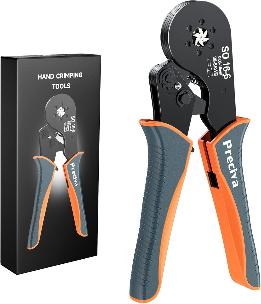 Hexagonal Ferrule Crimper, Preciva 16-6 Hexagonal Jaw Wire Crimping Pliers AWG 28-5 (0.08-16Mm²) Self-Adjustable Ratchat Wire Crimping Tools for Wire Terminals Cables End-Sleeves