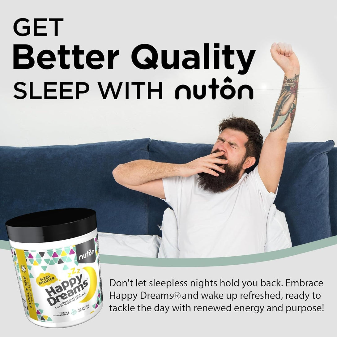 Nuton Happy Dreams Sleep Supplement - Natural Sleep Aids for Adults, Time Release Melatonin, ETAS Asparagus & Venetron Extract, Rest Support Supplement, Natural Aid for Adults, 60 Veggie Capsules