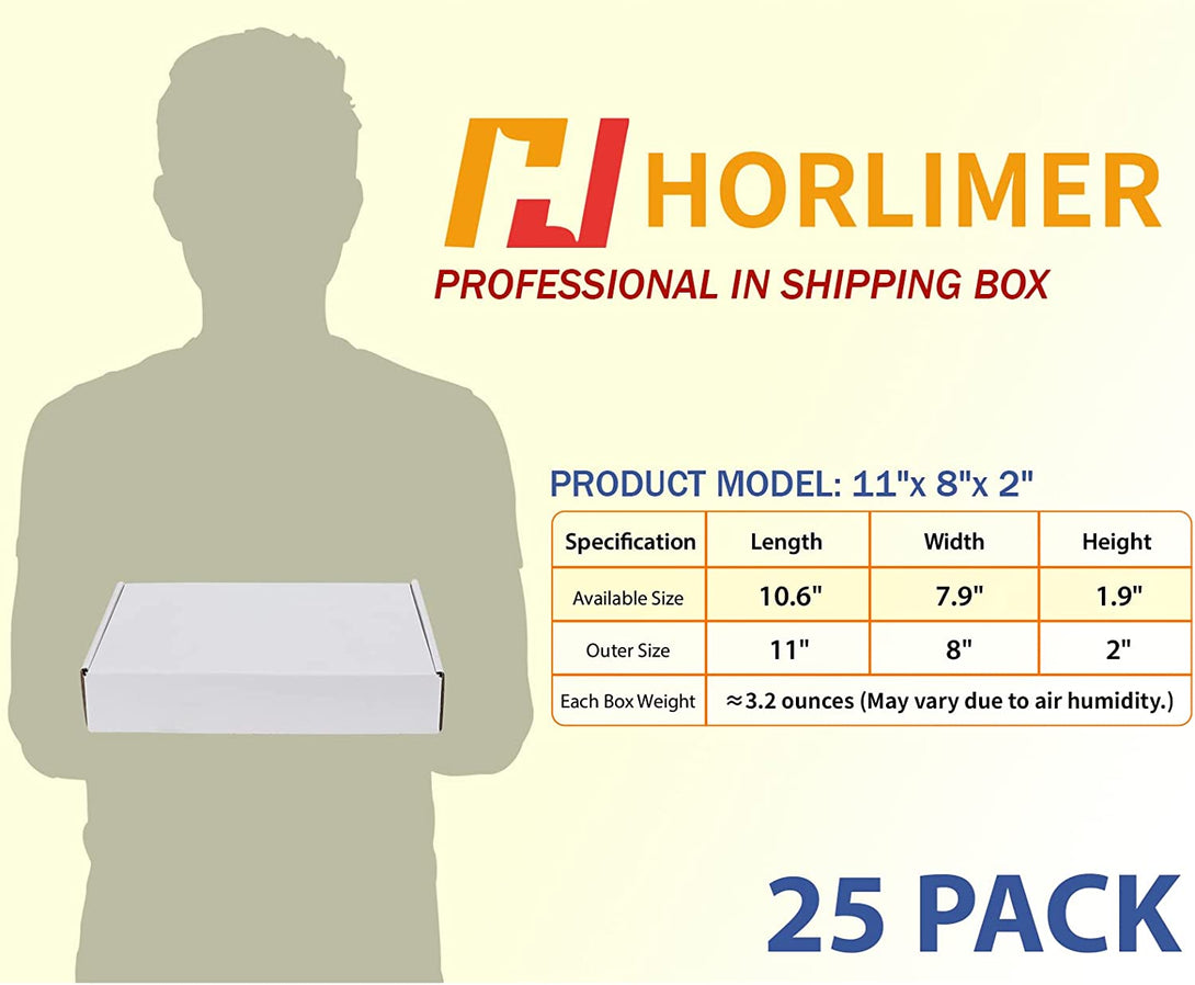 HORLIMER 11X8X2 Inches Shipping Boxes Set of 25, White Corrugated Cardboard Box Literature Mailer