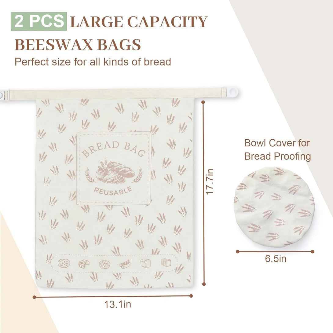 2 Pcs Reusable Beeswax Bread Bags with Cotton Bowl Cover, Containers for Homemade Bread, Cotton Beeswax Storage to Keep Fresh, Perfect Bags for Home-Baked