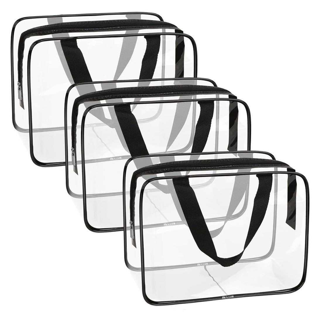 APREUTY Clear Makeup Bags, TSA Approved 3 Pcs Large Cosmetic Makeup Bags Set Clear PVC with Zipper Handle Portable Travel Luggage Pouch Airport Airline Vacation Organization (Black)