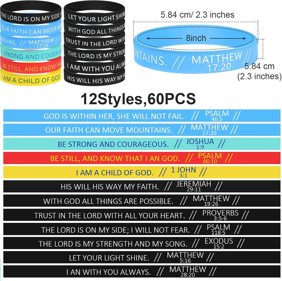 60 Pcs Bible Verses Bracelets Religious Silicone Bracelets Pastor Gifts Christian Inspirational Rubber Wristbands Colored Faith Bracelets Bible Verse Wristband for Men Women Teens