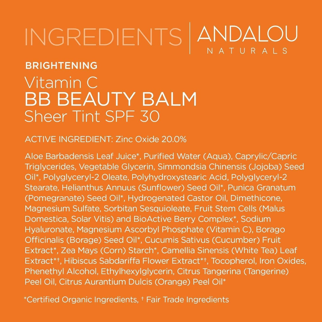 Andalou Naturals Vitamin C BB Beauty Balm Sheer Tint SPF 30, 2-In-1 BB Cream & Face Sunscreen with Broad Spectrum Protection, Mineral Sunscreen with Non-Nano Zinc Oxide, 2 Fl Oz