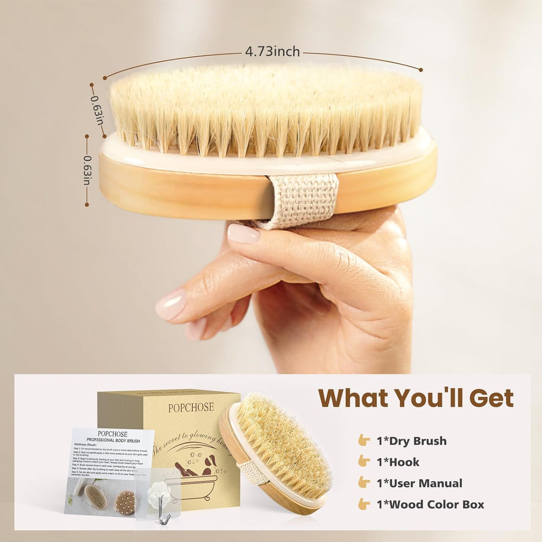 POPCHOSE Dry Brushing Body Brush, Natural Bristle Dry Skin Exfoliating Brush Body Scrub for Flawless Skin, Cellulite Treatment, Lymphatic Drainage and Blood Circulation Improvement