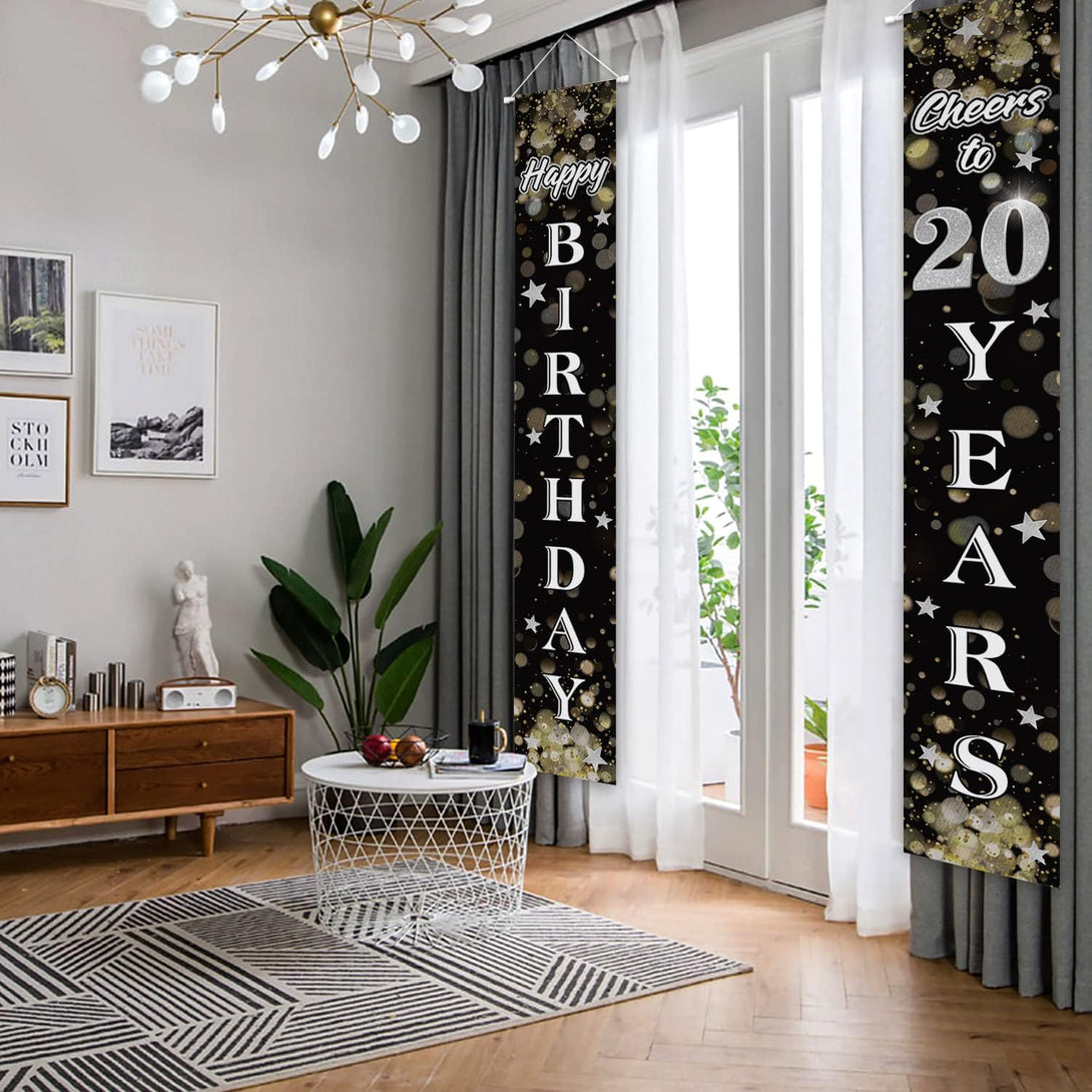 Happy 20Th Birthday Decorations,20Th Black & Silver Dream Star Birthday Theme Door Hanging Banner Sign,Cheers to Twenty Years Old Bday Party Supplies.