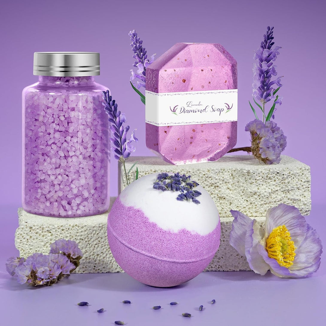 Bath Gift Set for Women, Relaxing Spa Self Care Gifts for Wife Her Sister Friends Mom Auntie Grandma, Lavender Bath Bombs Set, Happy Birthday Friendship Stress Relief Gifts Ideas ﻿