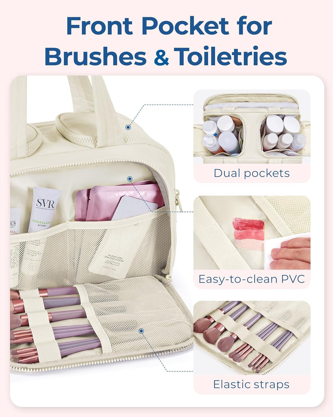 BAGSMART Travel Toiletry Bag, Lightweight Large Wide-Open Travel Bag for Women, Puffy Cosmetic Makeup Bag Organizer with Handle for Accessories,Essentials, Toiletries, Grayish Brown