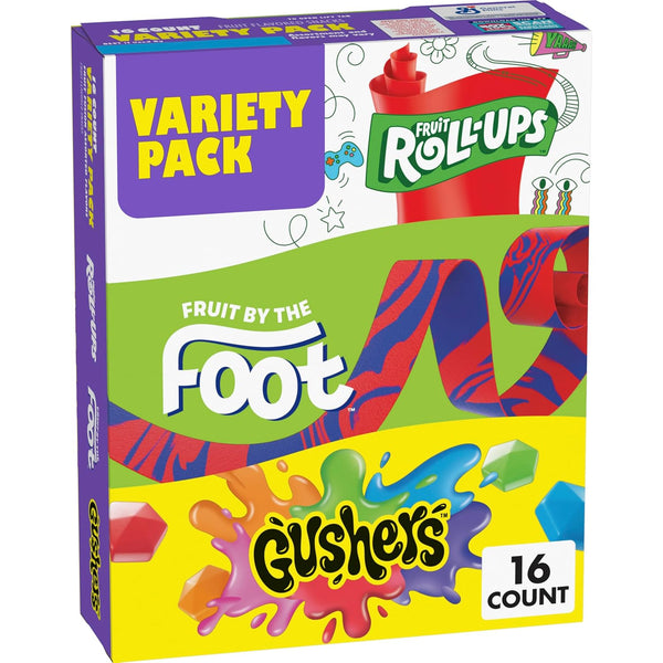 Fruit Roll-Ups, Fruit by the Foot, Gushers, Fruit Flavored Snacks Variety Pack, Gluten Free, Stocking Stuffer, 16 Ct, 10.2 Oz