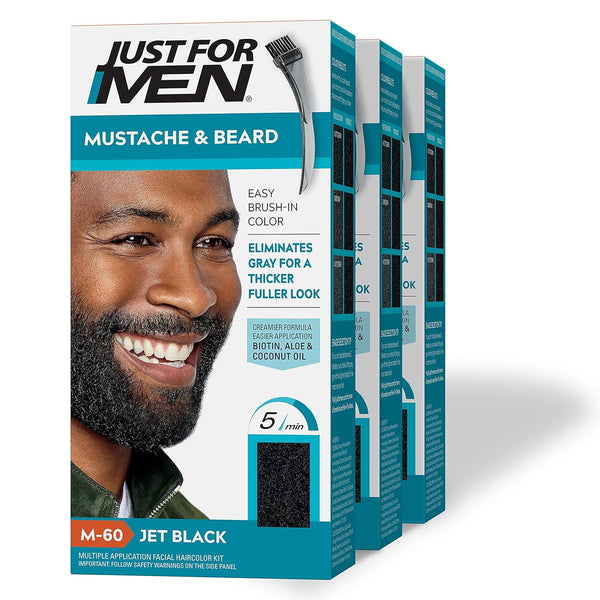 Just for Men Mustache & Beard, Beard Dye for Men with Brush Included for Easy Application, with Biotin Aloe and Coconut Oil for Healthy Facial Hair - Jet Black, M-60, Pack of 3